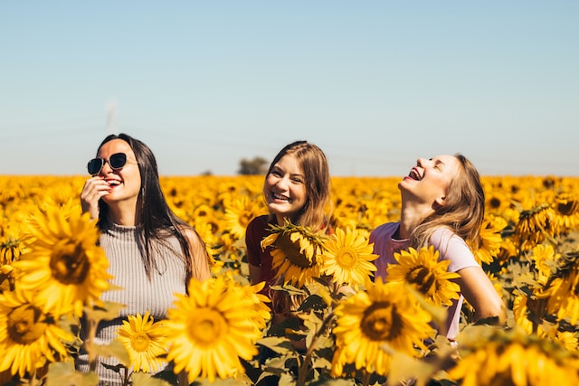 A group of friends in a sunflower field.