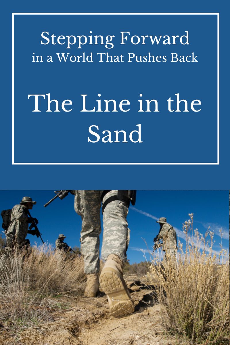 Lettering on blue background above soldiers marching over desert terrain