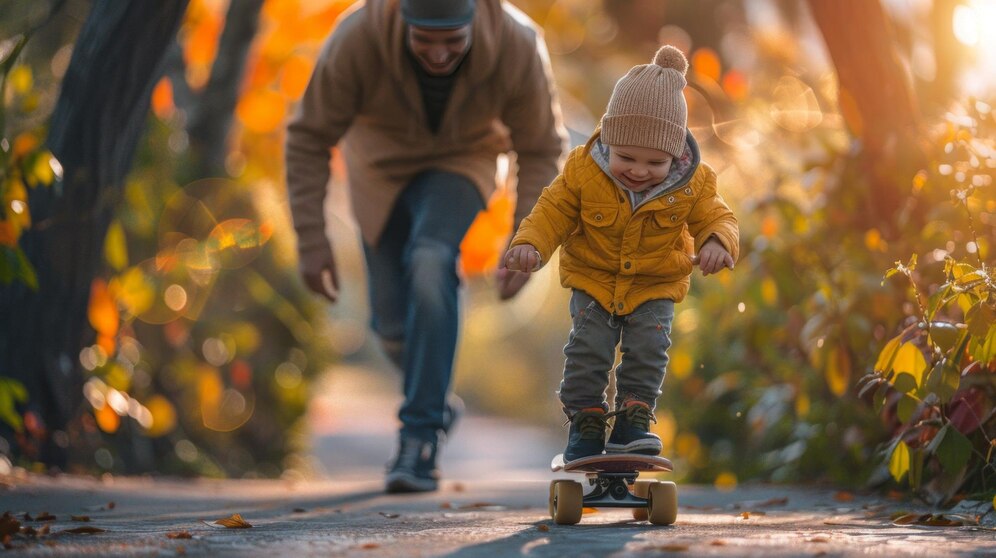 Dad pushing toddler son on a skateboard. They are wearing jackets on a sunny fall day. Colorful leaves show around the edges of the paved trail they are on.