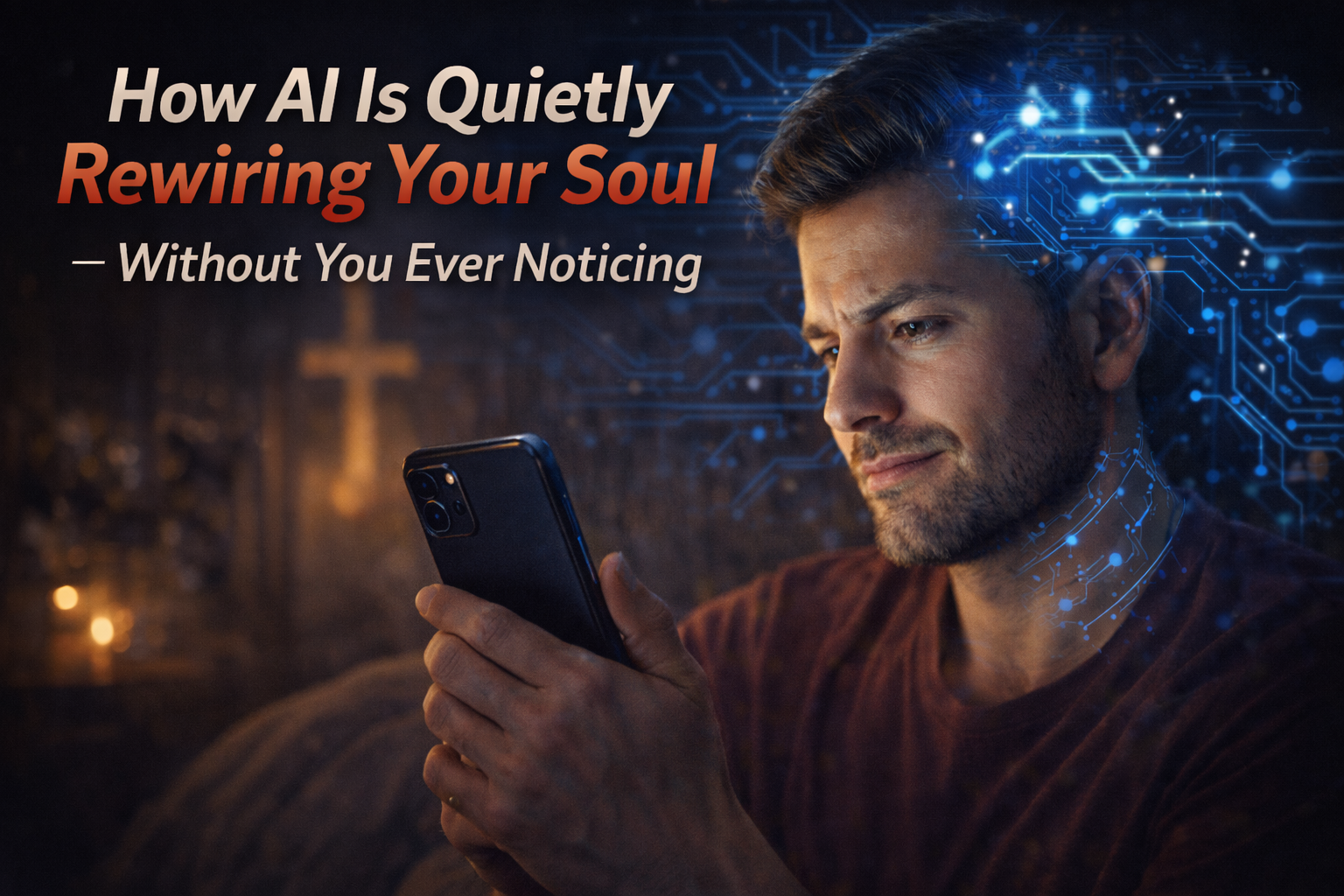 Man staring at smartphone at night with AI-themed digital overlay, representing how AI influences thoughts and spiritual life, with text “How AI Is Quietly Rewiring Your Soul”
