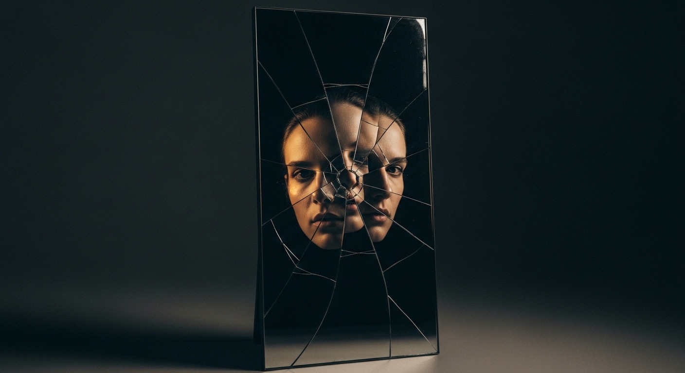A cracked mirror with a distorted reflection representing pride and self-deception, a spiritual risk of relying on AI validation