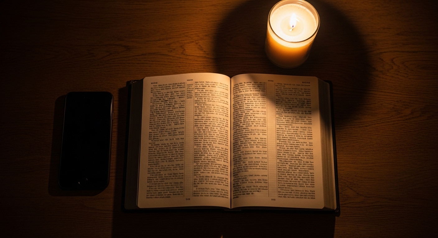 An open Bible beside a candle with a face-down smartphone, representing choosing Scripture and prayer over AI in daily Christian devotion