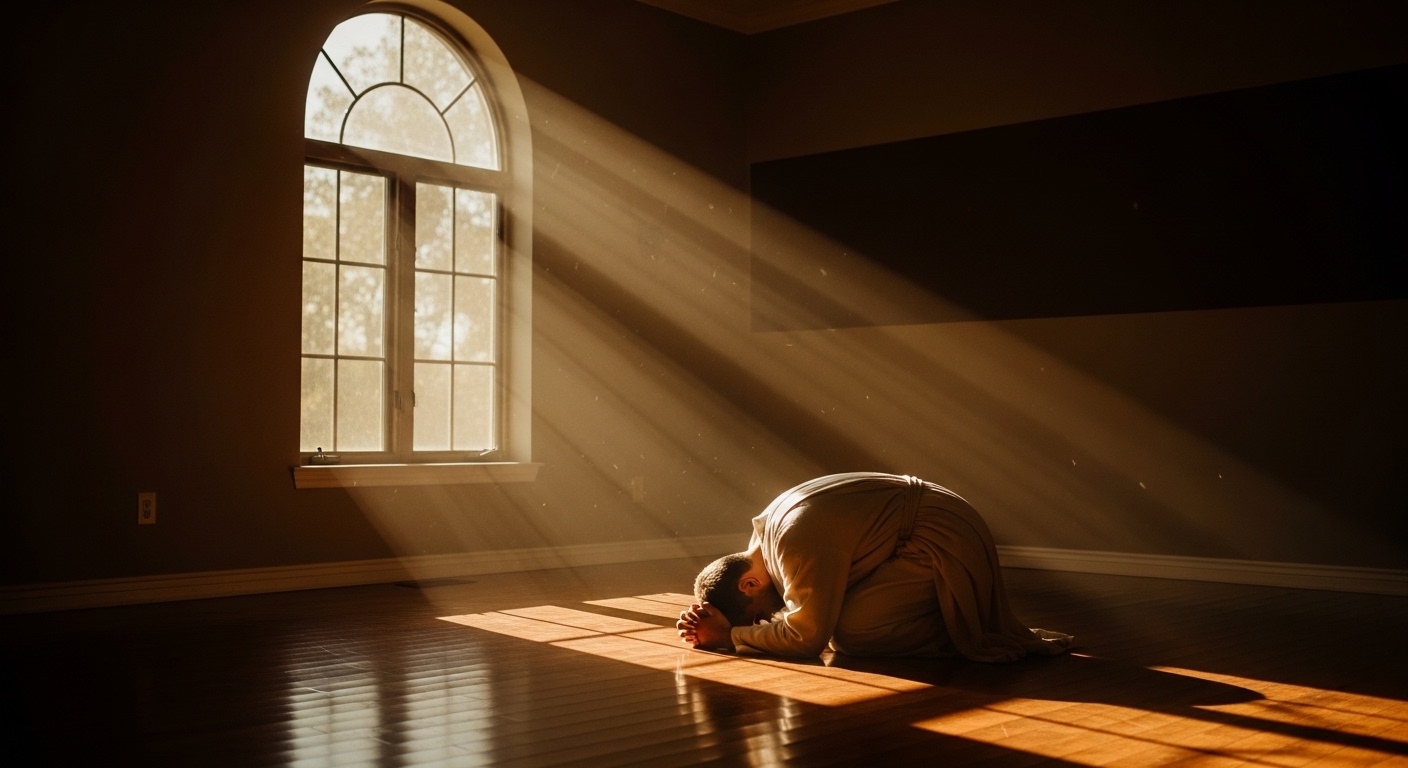 A person kneeling in prayer in golden sunlight, representing humility and repentance as the antidote to AI-driven pride for Christians