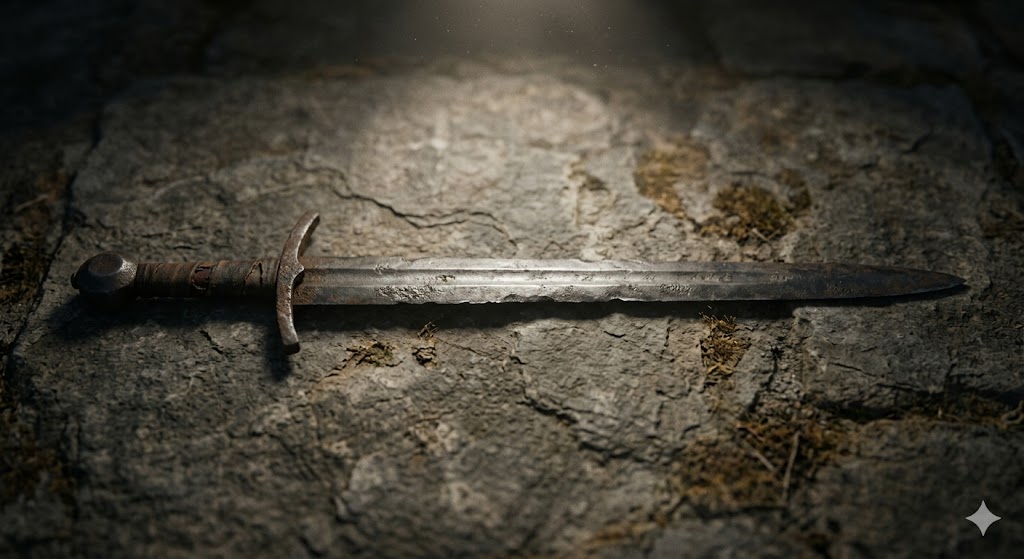 Double-edged sword on stone surface  symbolizing Hebrews 4:12 —  the word of God sharper than any sword
