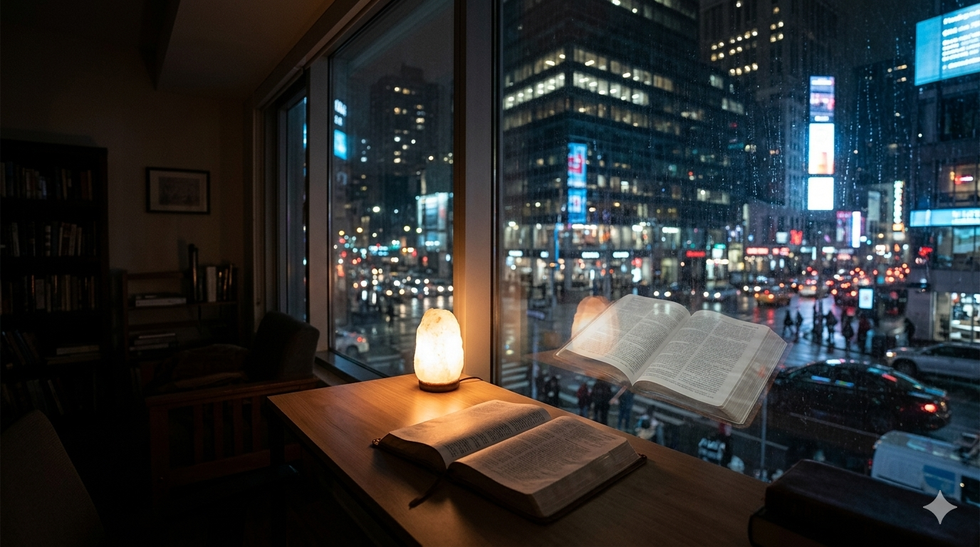 View from inside a quiet room looking out  at a busy city at night, Bible reflection  visible in window glass, symbolizing  Romans 12:2 — do not conform to this world