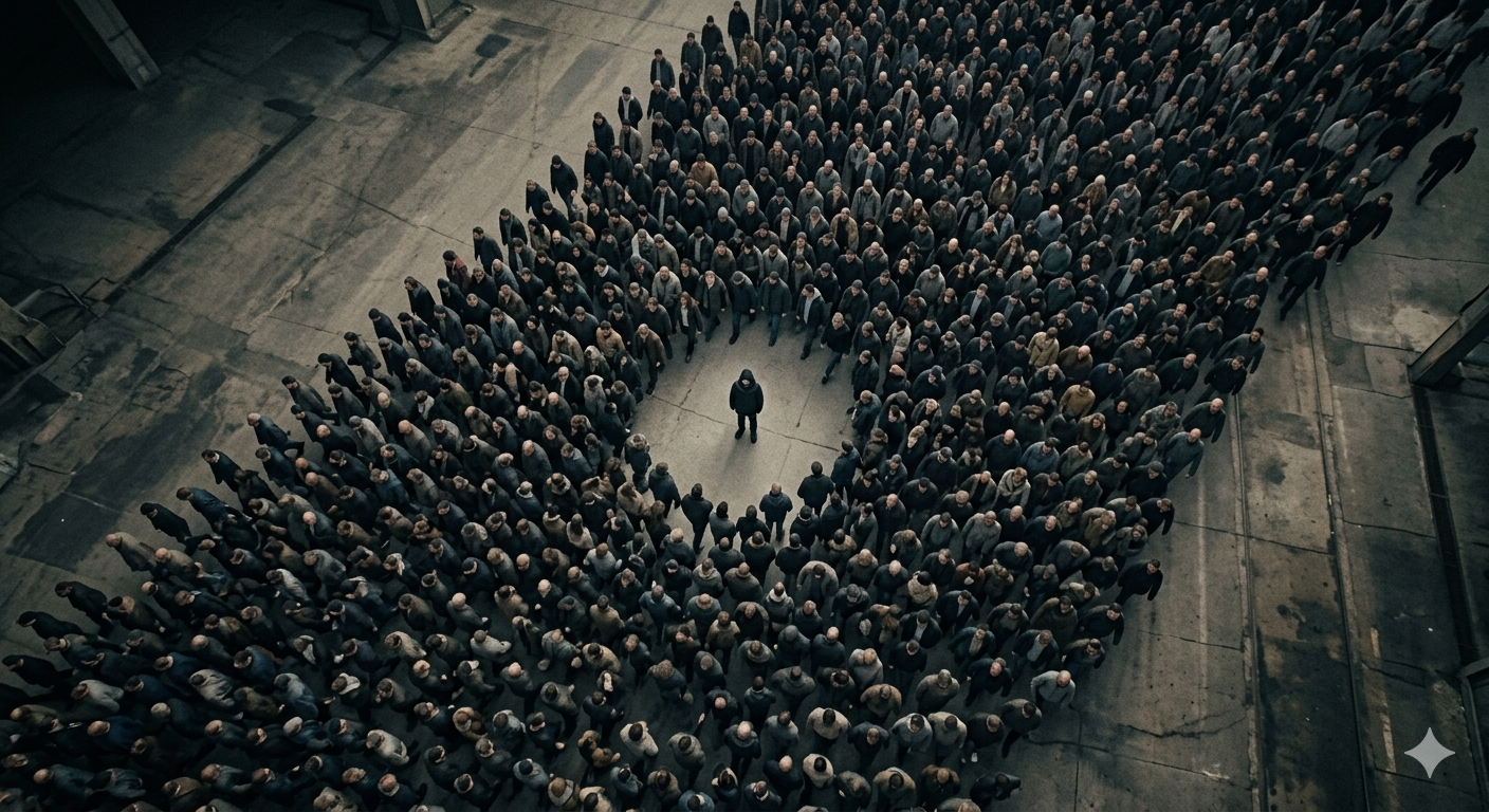 Aerial view of crowd moving in one direction  with one figure going a different way,  illustrating the countercultural call  of Christian faith