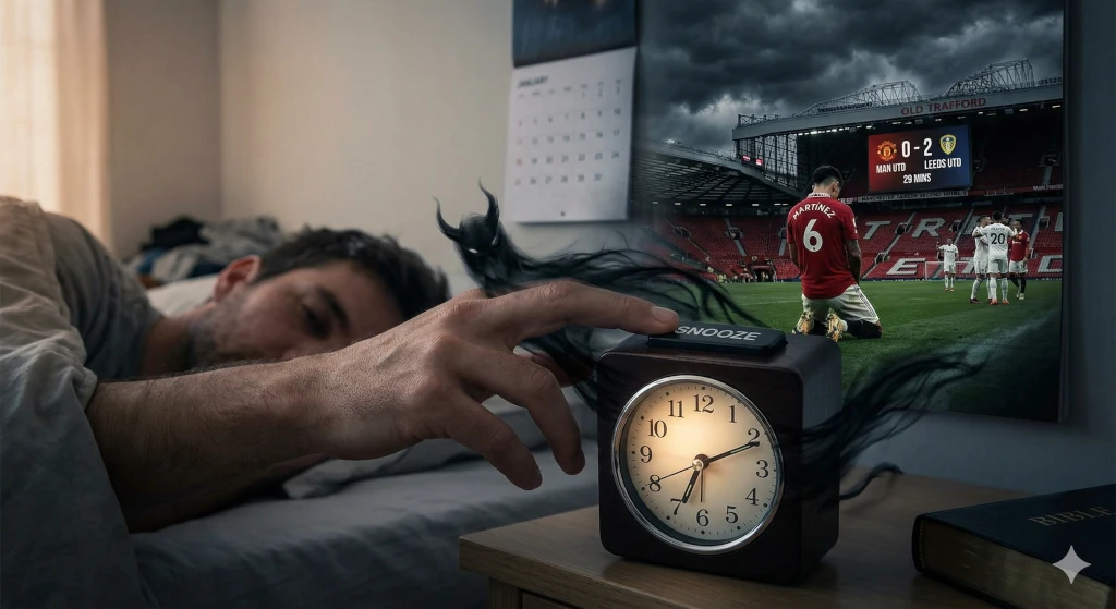 A man in bed reaching out to press the snooze button on a wooden alarm clock, with dark, demon-like smoke rising from the device. In the background, a large screen shows a frustrated Manchester United player, Martinez (#6), kneeling on the pitch at Old Trafford during a 0-2 defeat to Leeds United. The surreal image symbolizes the spiritual and mental cost of morning laziness and losing early focus.