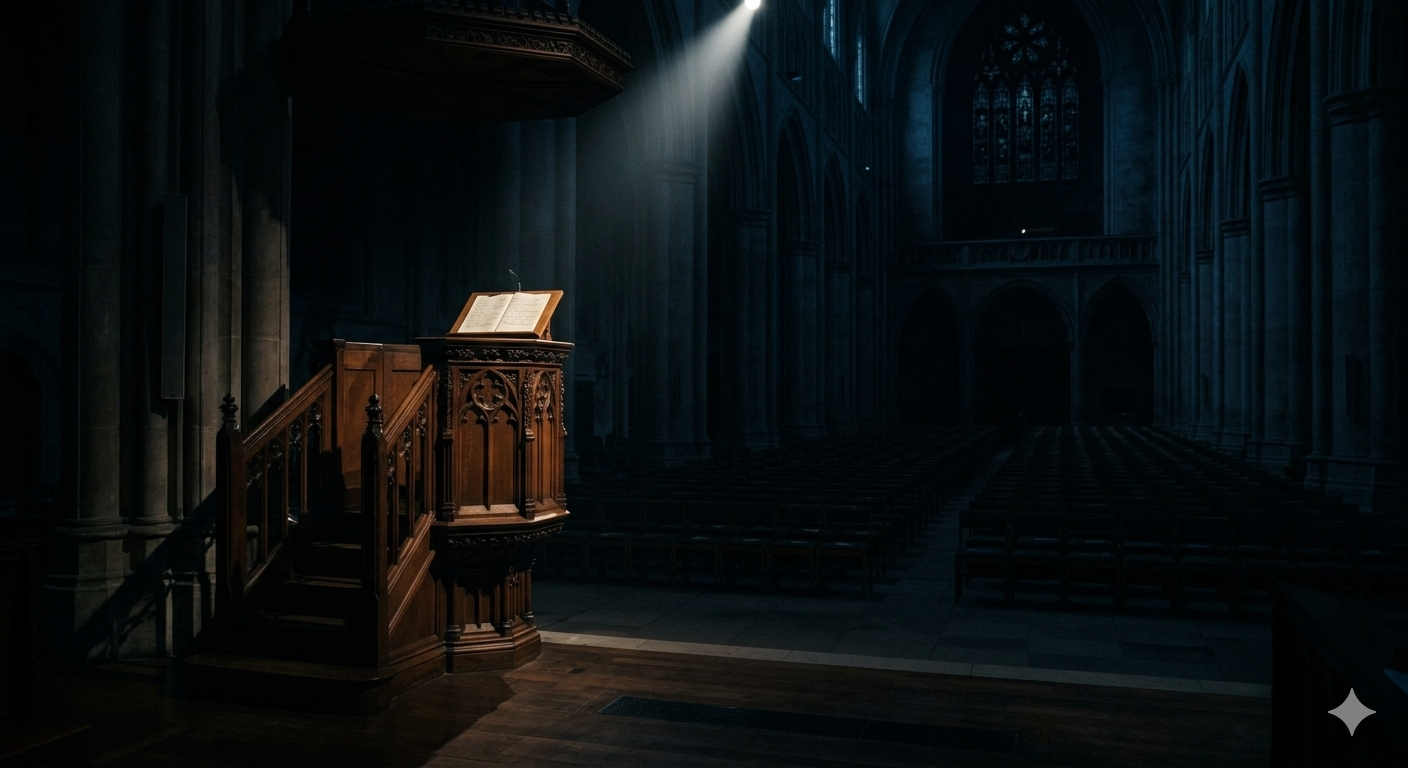 Empty church pulpit under spotlight  with unreadable sermon notes,  symbolizing the risk of AI-generated  errors reaching the congregation
