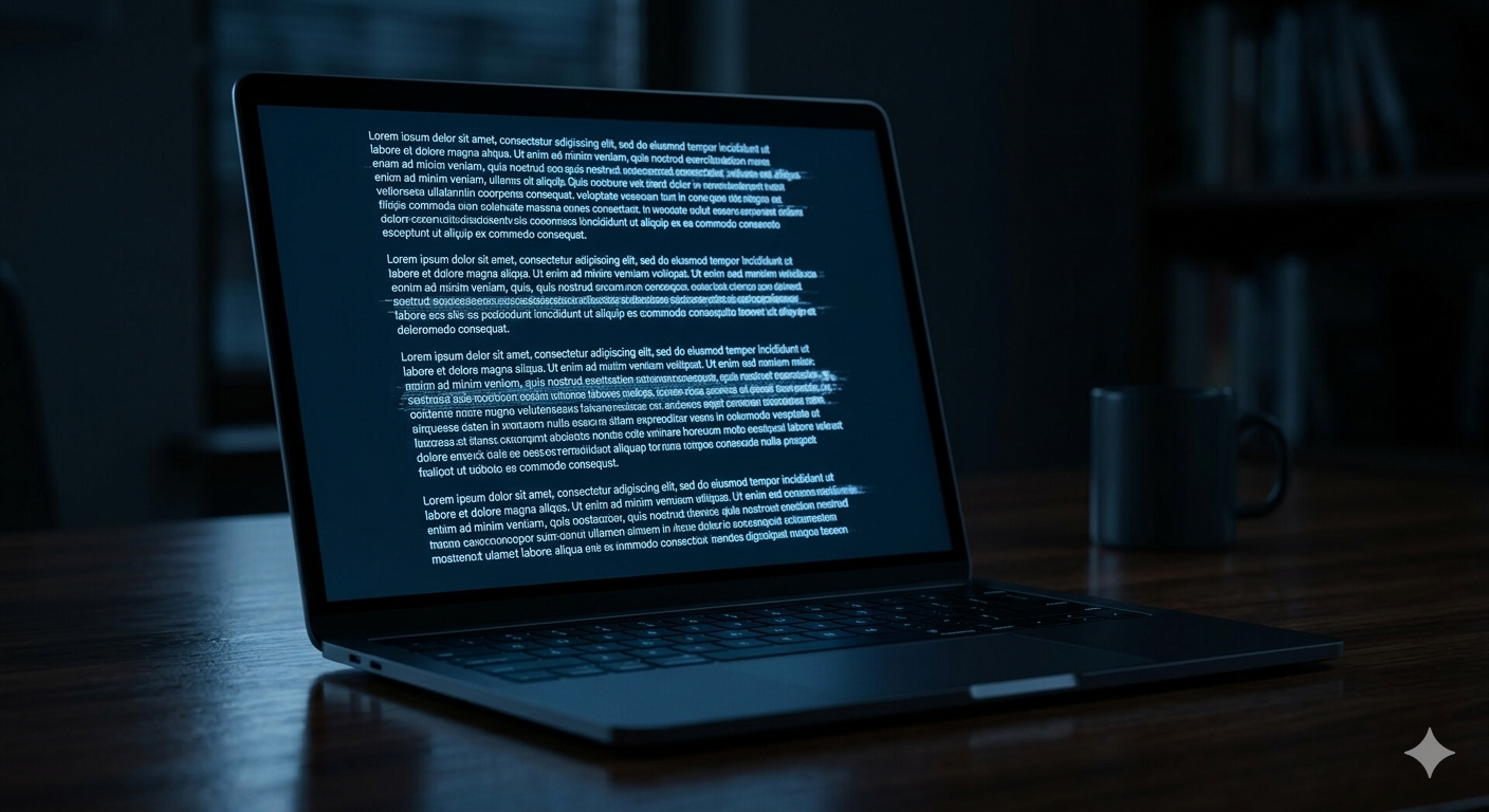Laptop screen showing AI-generated text  with subtle digital glitch effect,  illustrating how AI hallucination  appears confident but may be inaccurate
