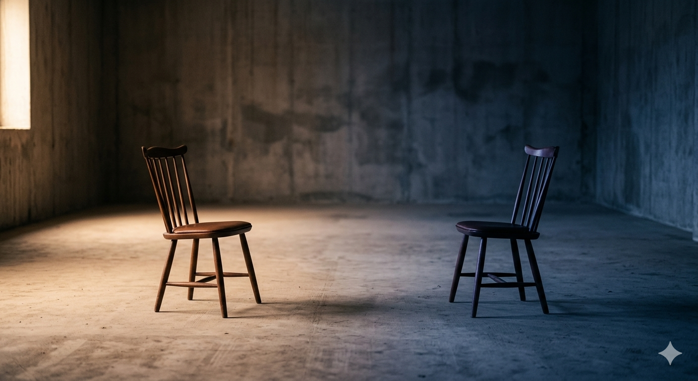 Two chairs facing each other in an empty room,  one in warm light and one in shadow,  representing the irreplaceable human encounter  at the heart of ministry