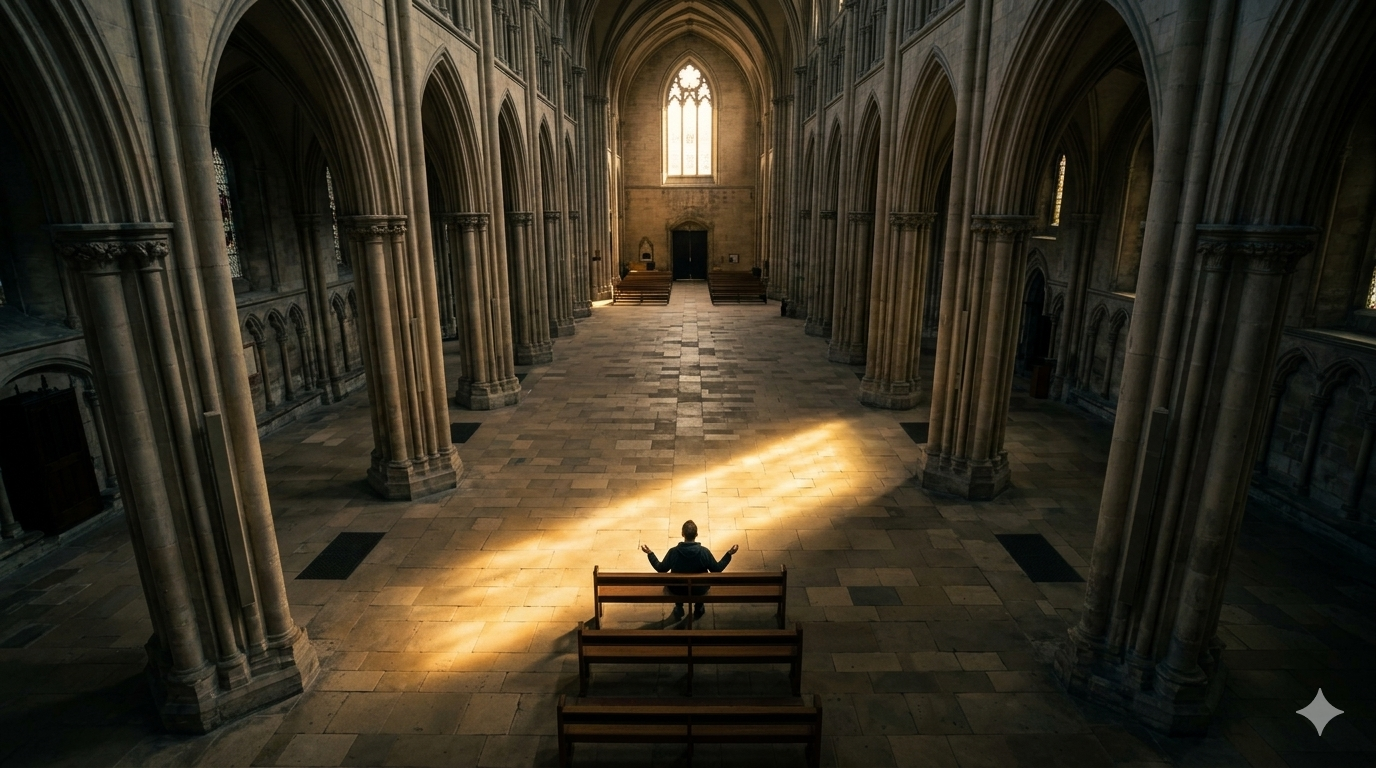 Single person seated alone in vast empty church,  head bowed, single window light on the floor,  representing prayerful encounter  that no AI tool can replicate