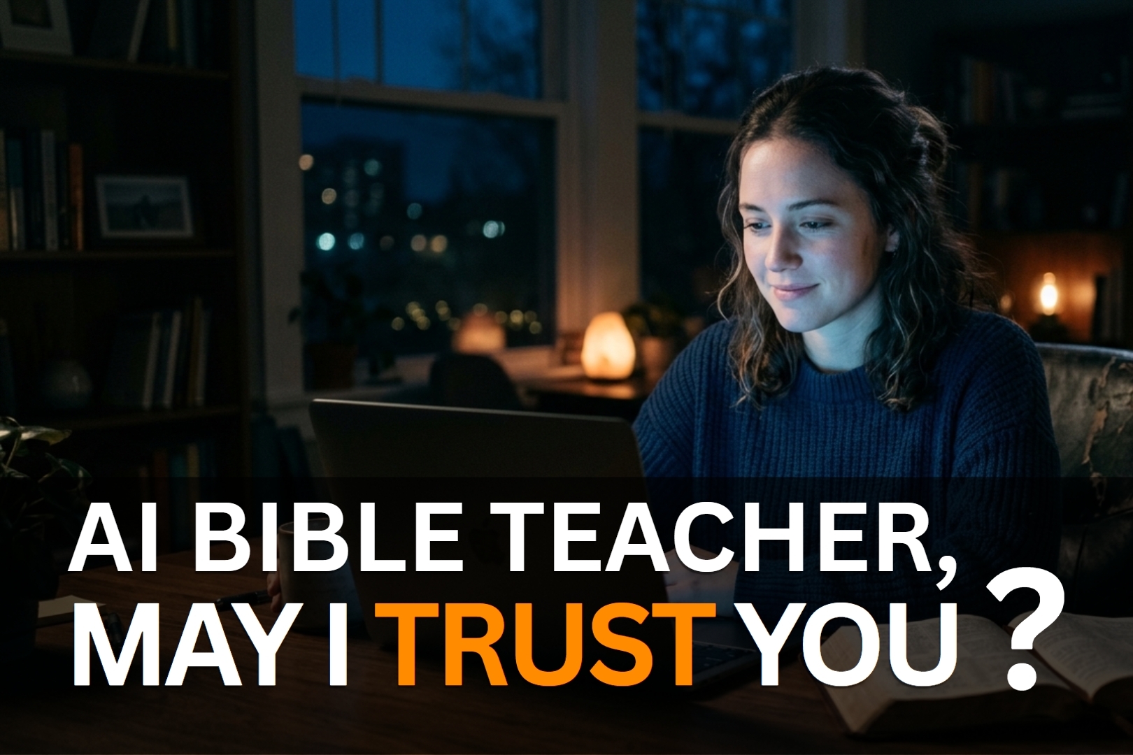 Person reading AI Bible study app at night  while physical Bible sits untouched beside them