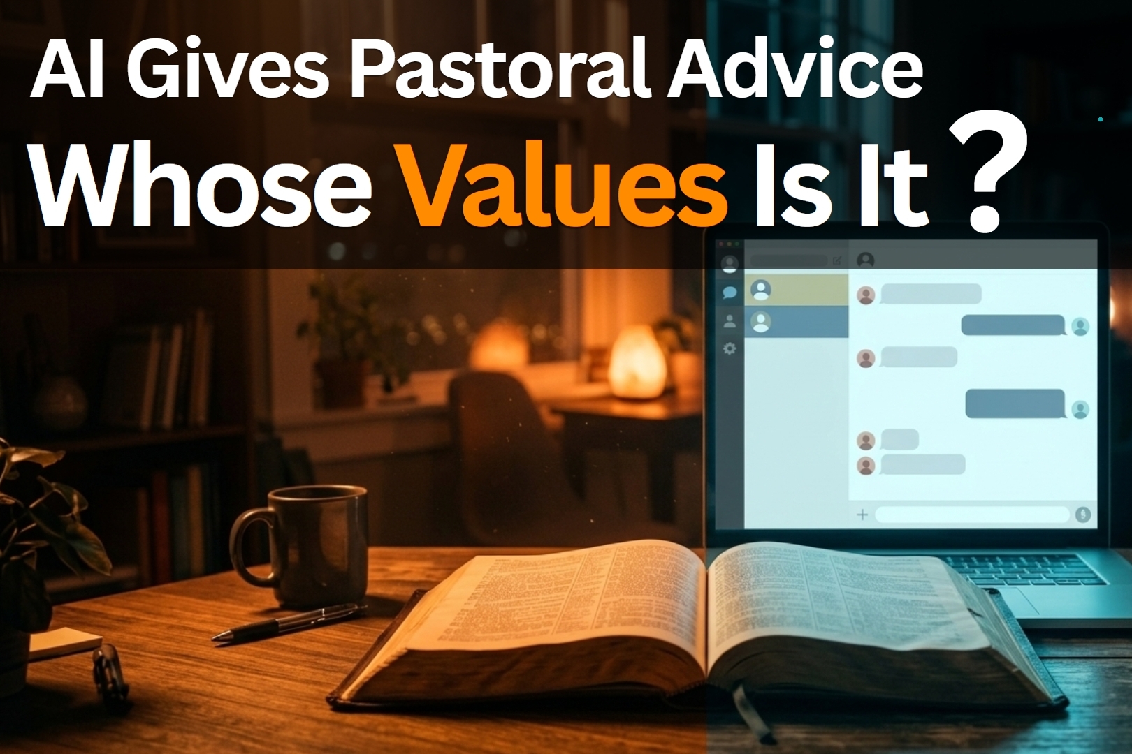 Open Bible in warm light next to laptop  showing AI chat interface in cool blue light,  representing the tension between Scripture  and AI-generated pastoral advice