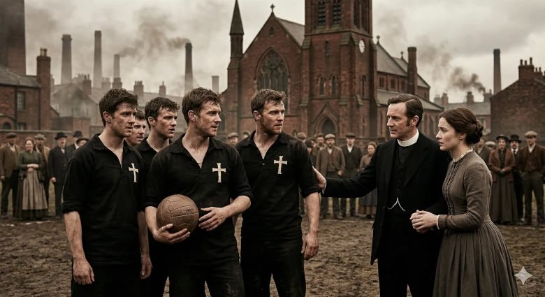 Early St. Mark's football players, the historical origins of Manchester City, wearing black kits with white crosses on a muddy pitch. A player holds a vintage leather football while speaking with a clergyman, set against the backdrop of 19th-century industrial Manchester factories and a church.