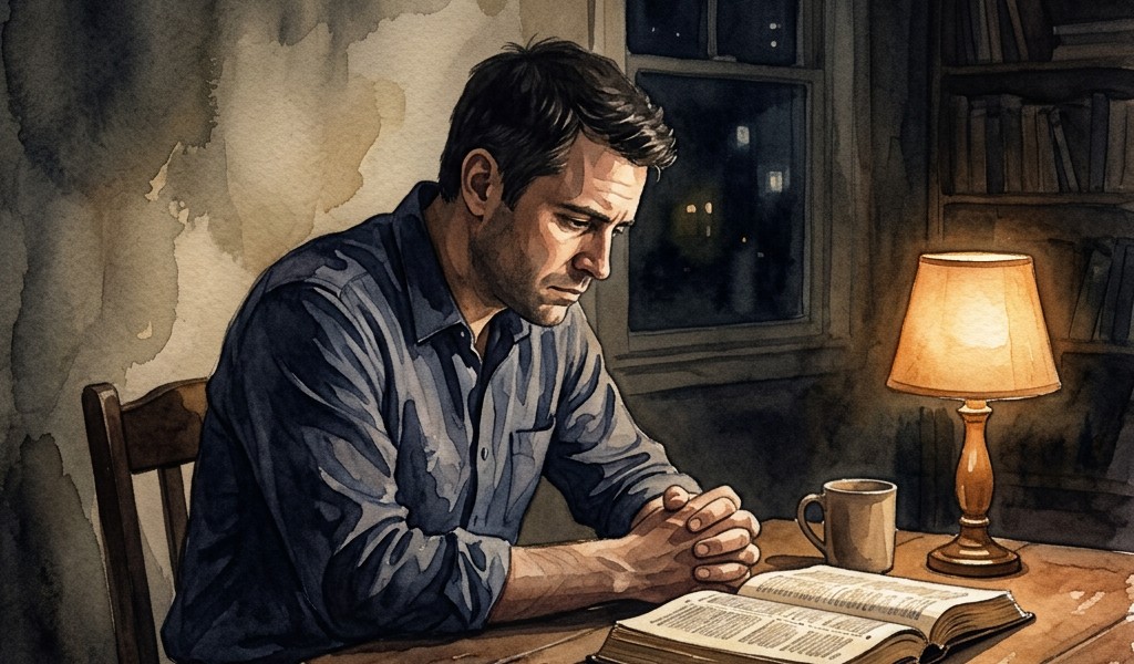 A man in a dress shirt sitting alone in a dimly lit room at night, hands clasped, staring at nothing, a Bible open but unread on the table