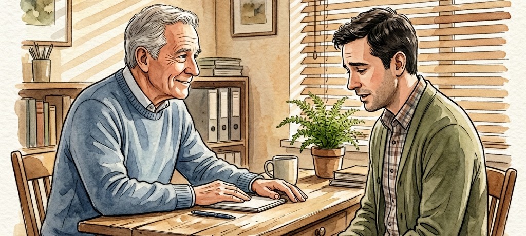 Two men sitting across from each other in a quiet, sunlit office, one leaning forward with compassion, the other looking down but beginning to open up, heal your hurting heart