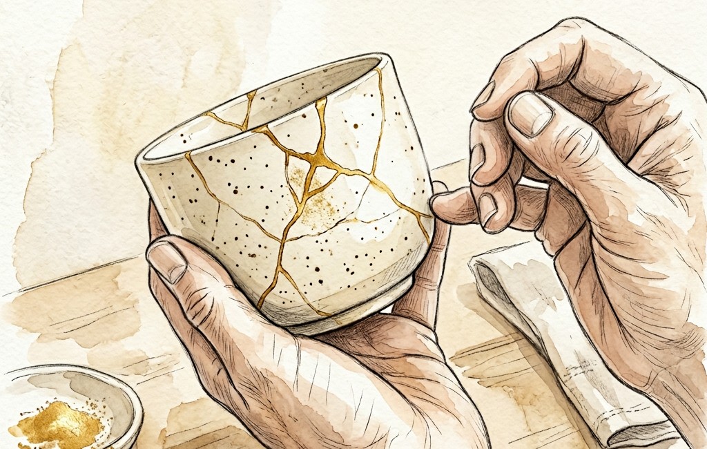 Hands gently holding a cracked ceramic cup being slowly repaired, heal your hurting heart
