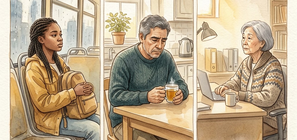 A diverse group of people — a young woman, a middle-aged man, an elderly person — each sitting alone in different settings (bus, kitchen, office), each with a quiet expression of hidden struggle, heal your hurting heart