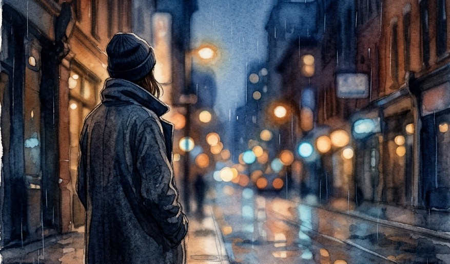 A person standing alone on a quiet city street at dusk, facing away, city lights blurring softly behind them, gentle snowfall or rain, coat wrapped tight, contemplative and still, heal your hurting heart