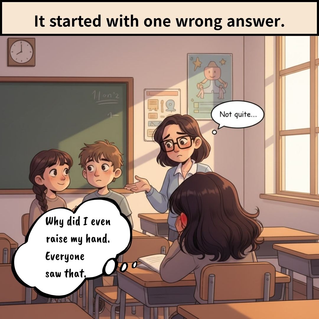 A girl named Sophie sits at her school desk, hand still half-raised, cheeks flushed red. Her eyes are down, hair falling over her face. A few classmates exchange glances nearby.