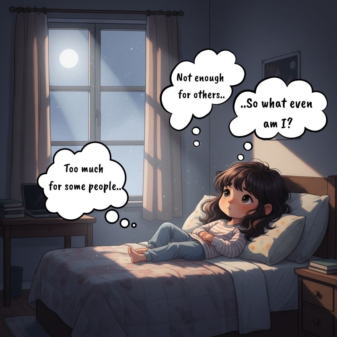  Sophie lies in bed at night, staring at the ceiling in the dark. Moonlight comes through the window. Her eyes are open but distant. Words float around her: "Too much." "Not enough." "What even am I?"