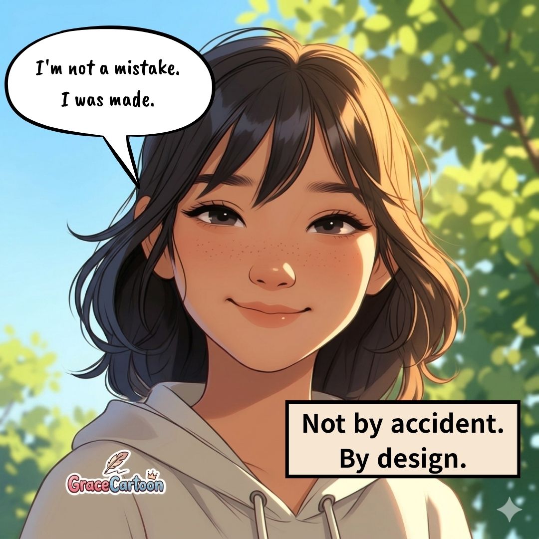 Sophie stands outside in soft sunlight, looking forward. She's wearing the same clothes as before — but her posture is different. Quiet. Settled. A small, knowing smile on her face.