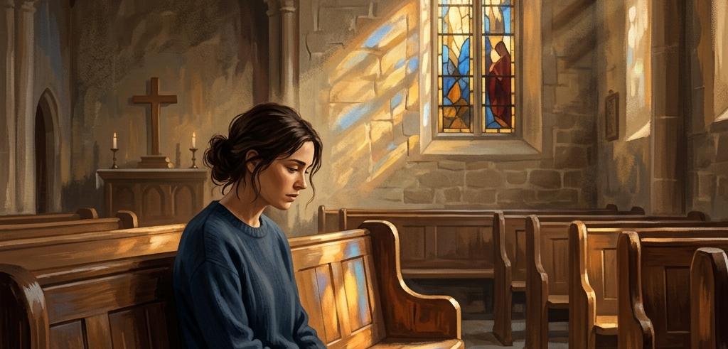 A lone figure sits in an empty wooden church pew, sunlight streaming through a tall stained-glass window. The light falls on the pew but the person sits slightly in shadow, head slightly bowed, expression thoughtful and searching. Basic Christianity