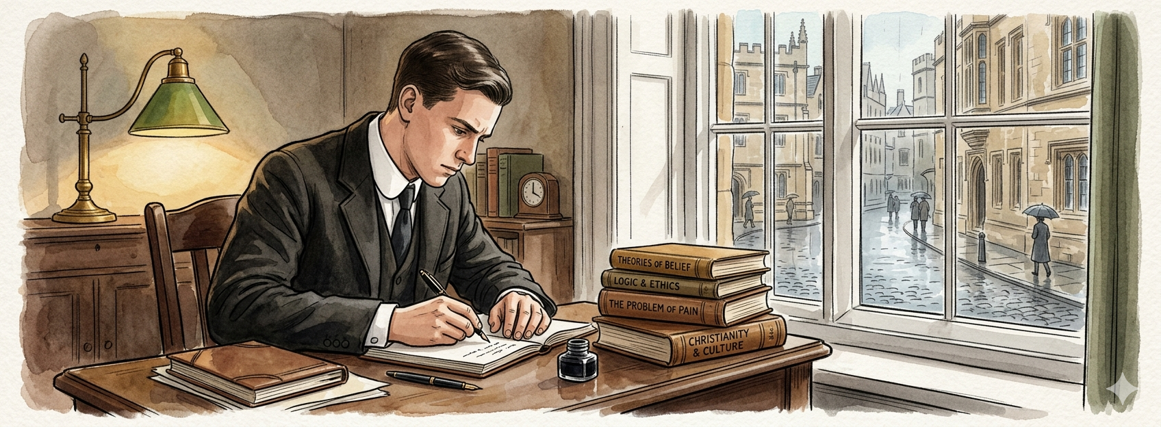 A young man in 1950s British academic dress — dark jacket, white collar — sits at a wooden desk by a tall window overlooking cobblestone streets. He's writing by hand, books stacked beside him. Expression is focused, intent, almost urgent. Basic Christianity