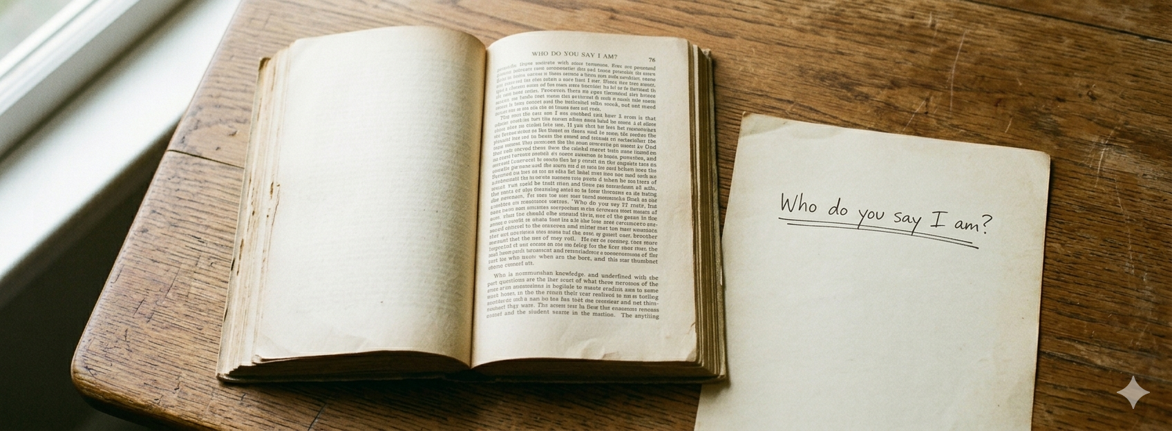 Open book flat on a worn wooden table, pages slightly yellowed. Next to it, a hand-written note on plain paper with underlined phrases — "Who do you say I am?" Soft morning light. Minimal composition. The book has no visible title or cover. Basic Christianity