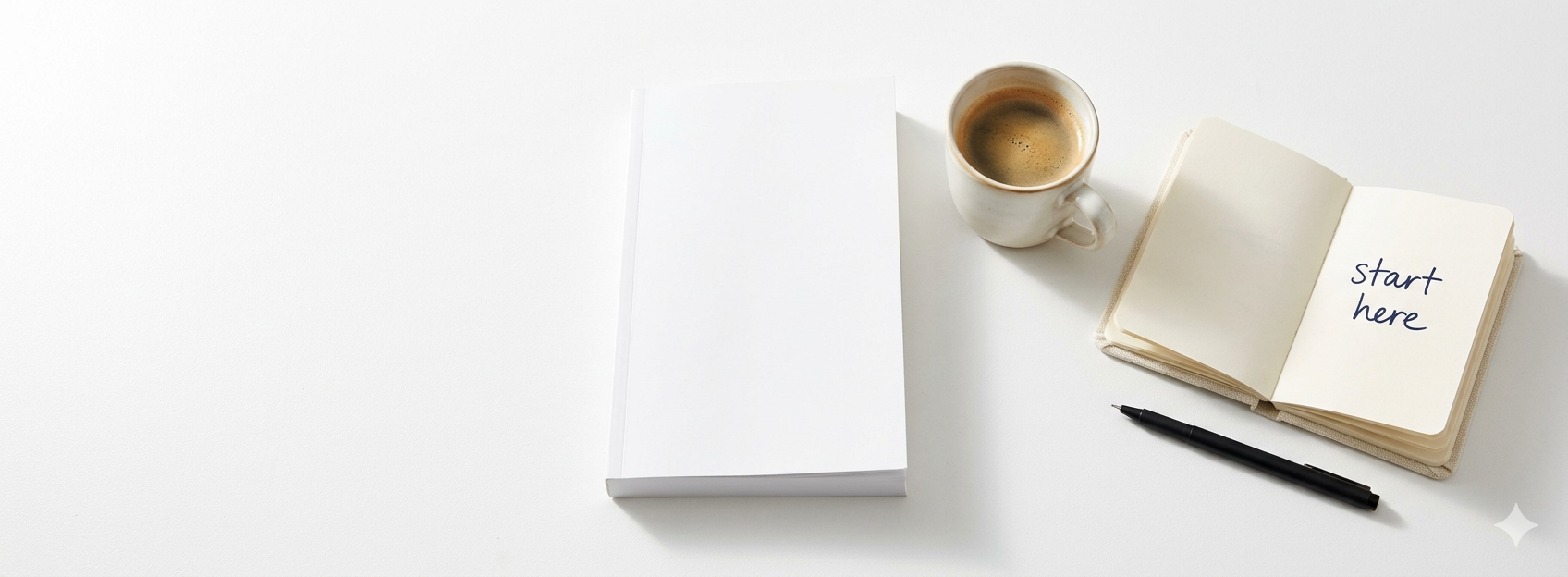 Clean, flat-lay photo of a paperback book — plain cover, white background. Next to it, a single cup of coffee and a small open notebook with the words "start here" handwritten. Basic Christianity