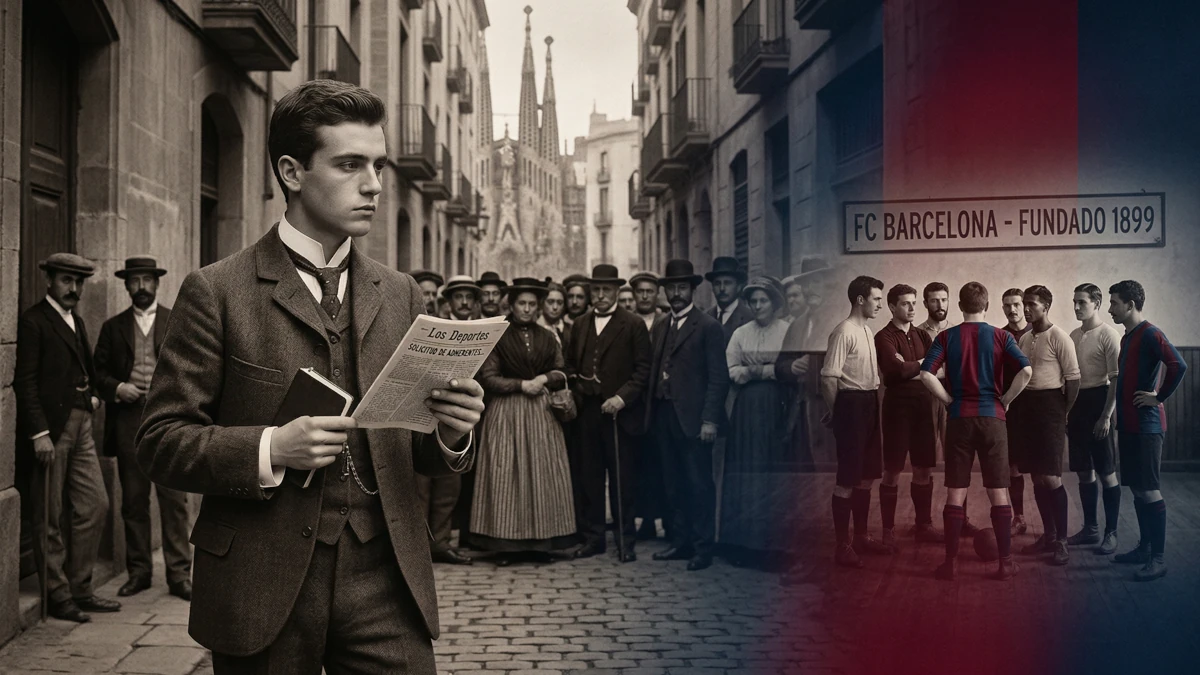 Vintage composite illustration of FC Barcelona founder Joan Gamper reading the Los Deportes newspaper on a cobblestone street, next to the original 1899 football team.
