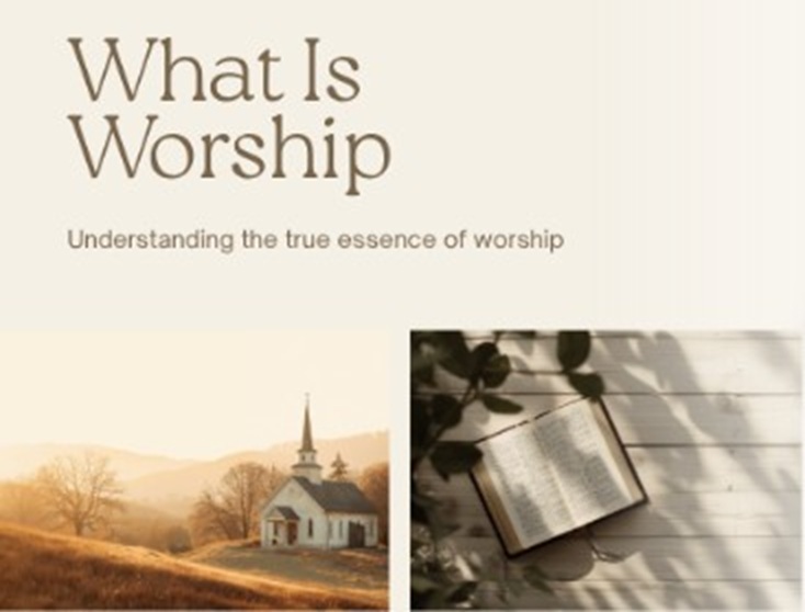 A peaceful country church in golden morning light beside an open  Bible on a wooden surface, with the title "What Is Worship" —  an image for a blog post exploring the true meaning of worship.