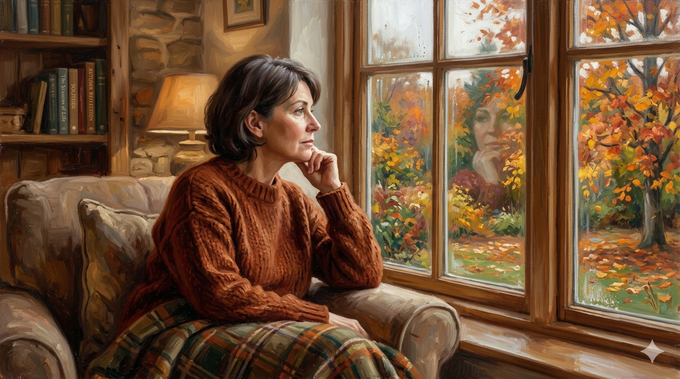 A thoughtful woman in her 40s looking out a window at autumn leaves, Aspect ratio: 16:9, In the style of a soft oil painting