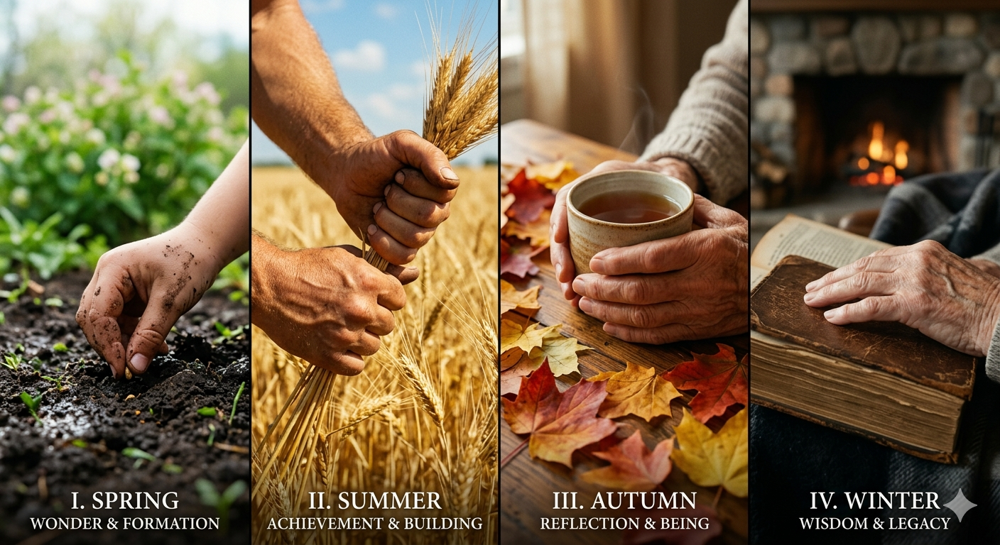 A conceptual split-screen image divided into four vertical sections representing the four seasons of a human life. Left to right: (1) A child’s hand planting a seed in spring mud, (2) Strong adult hands harvesting golden wheat in summer sun, (3) An older person’s hands holding a warm cup of tea surrounded by autumn leaves, (4) Hands resting on an old book by a winter fireplace. the seasons of life