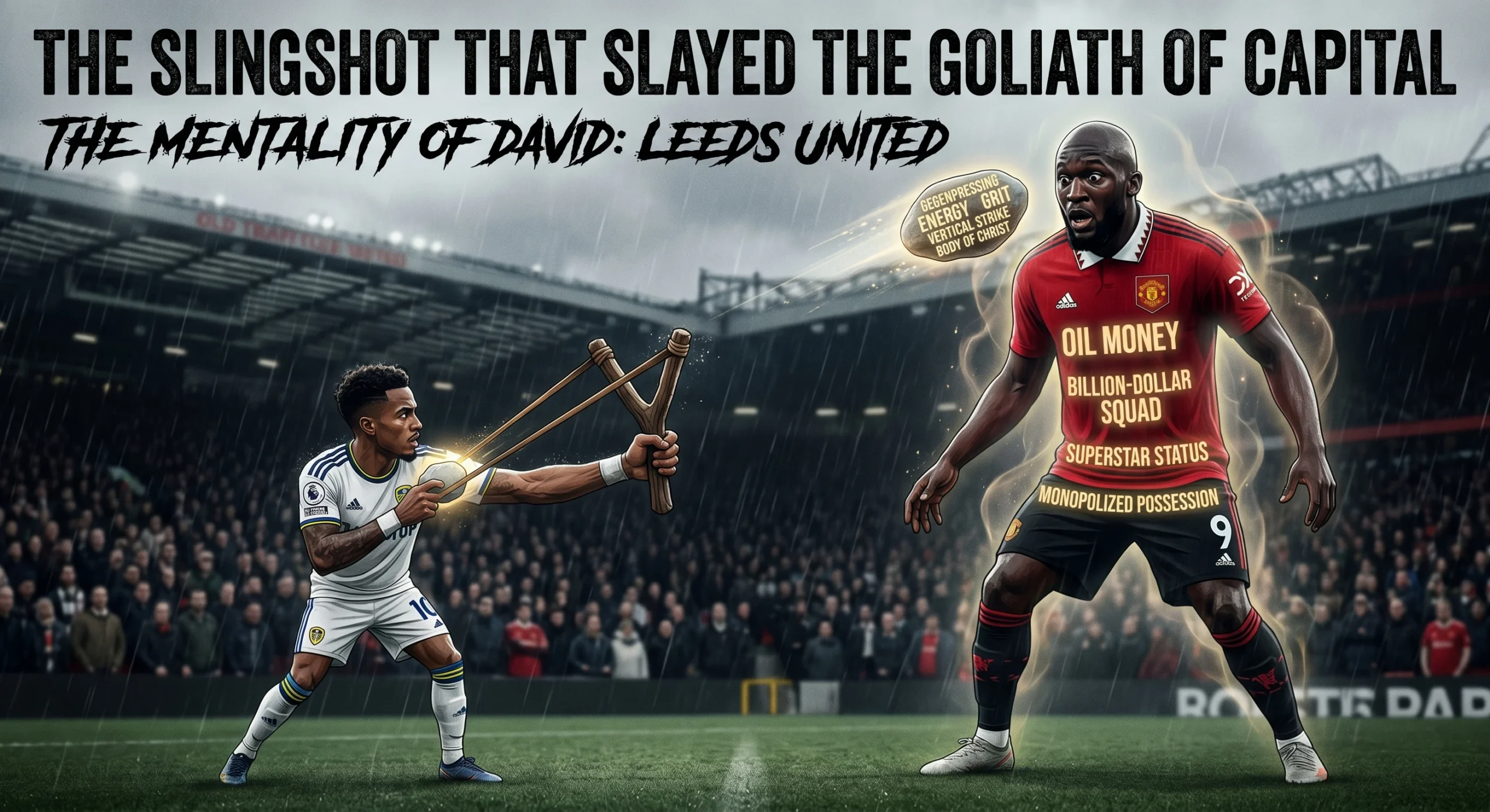 A metaphorical image of David vs. Goliath, with a small Leeds United player in white aiming a slingshot labeled 'Gegenpressing' and 'Energy Grit' at a massive, glowing Manchester United player in red symbolizing 'Oil Money' and 'Capital', set in a rainy Old Trafford.