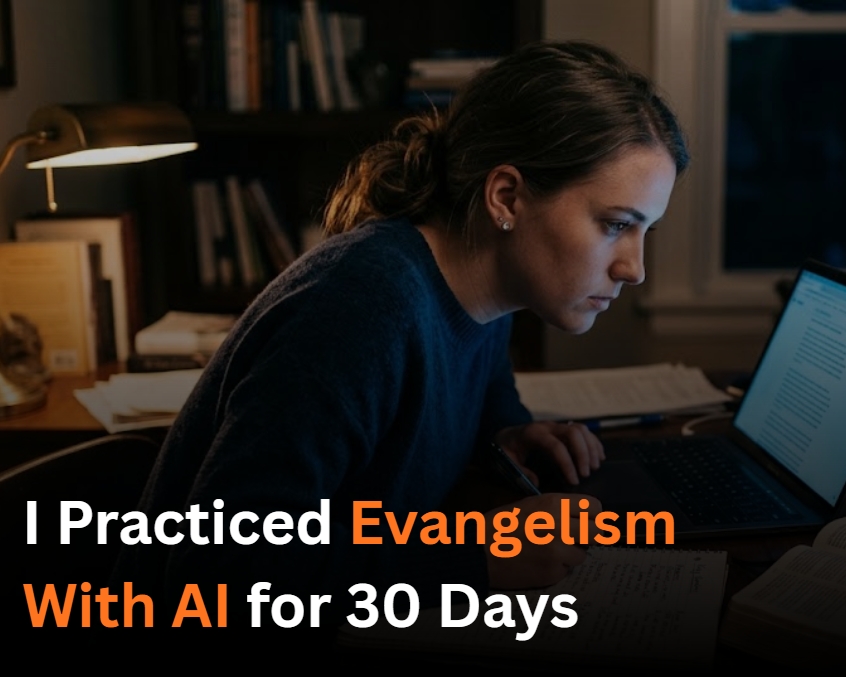 A Christian practicing evangelism conversations with AI on a laptop, with an open Bible beside it, preparing for real-world faith sharing