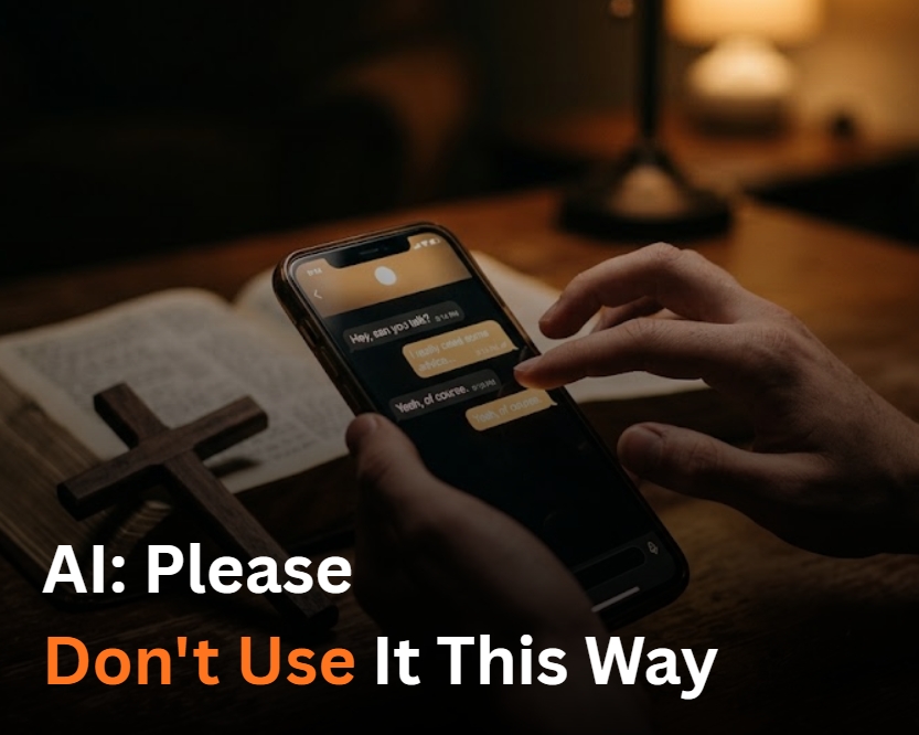 A hand reaching toward an AI chat interface on a phone with a Bible and cross in the background, representing the spiritual dangers of misusing AI as a Christian