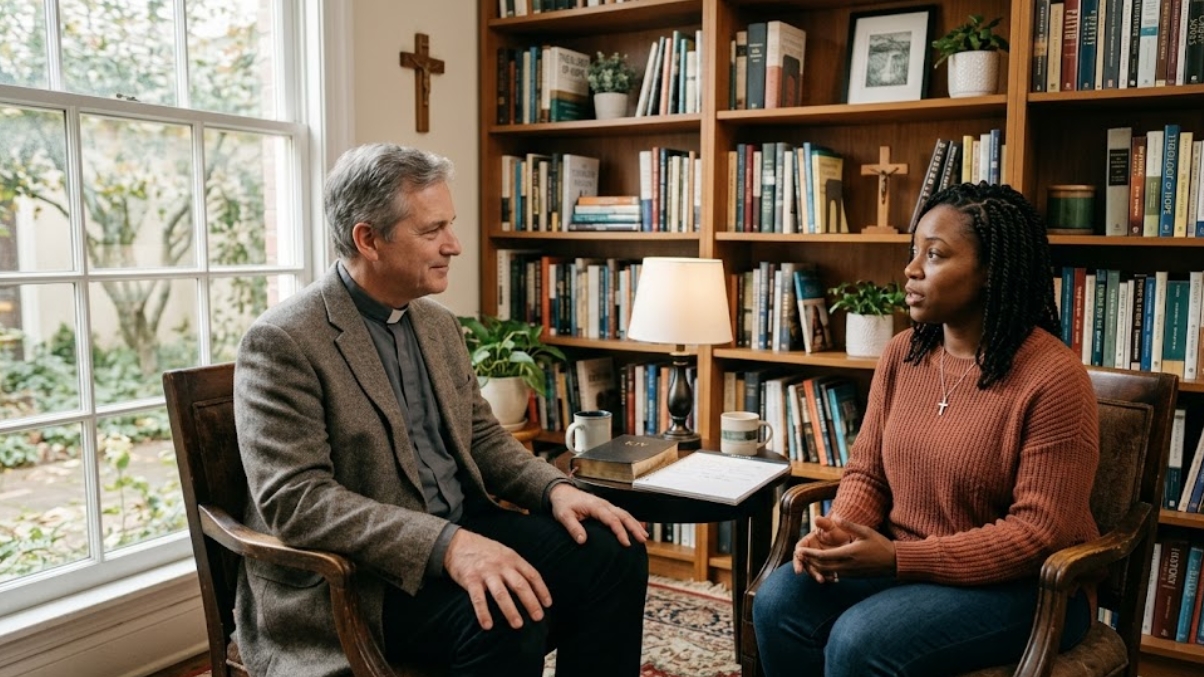 A pastor providing spiritual counsel to a church member in a warm office, representing the irreplaceable role of human pastoral guidance over AI