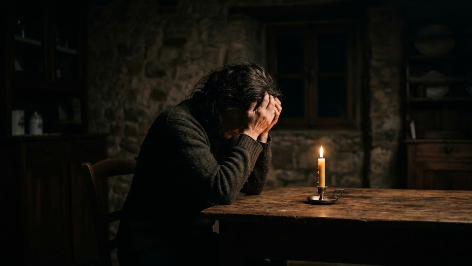 A person in genuine grief and lament in dim candlelight, representing the spiritual depths that AI cannot reach and that require human community and God's presence