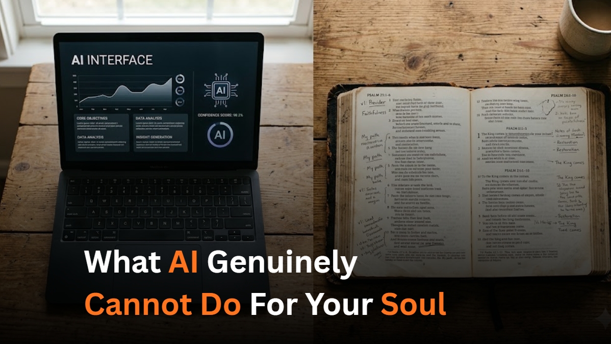 A laptop with AI interface beside a worn open Bible on a wooden table, contrasting the capabilities of artificial intelligence and Scripture for Christian spiritual life