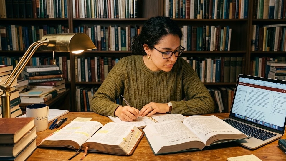 A Christian scholar at a desk with a Bible, theological commentaries, and a laptop open simultaneously, representing the right balance of AI tools and traditional Bible study resources