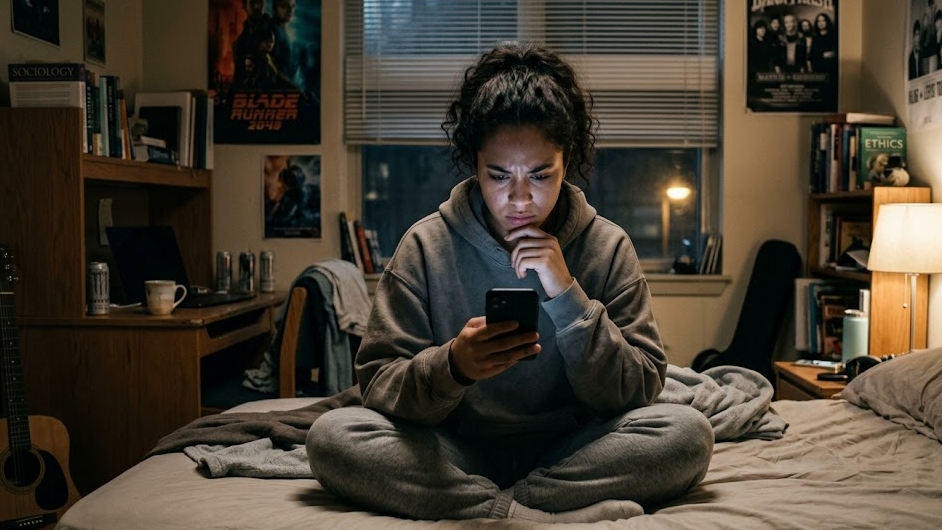 A young adult alone at night typing on a phone seeking spiritual guidance from AI, representing the growing trend of Gen Z Christians turning to AI instead of pastoral counsel