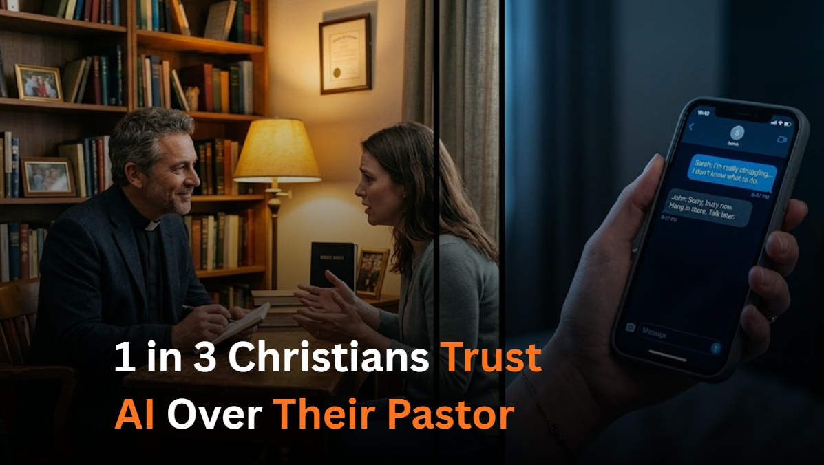 Split image comparing a pastor in a warm counseling office versus an AI chat interface on a phone screen, illustrating the growing trend of Christians trusting AI spiritual advice
