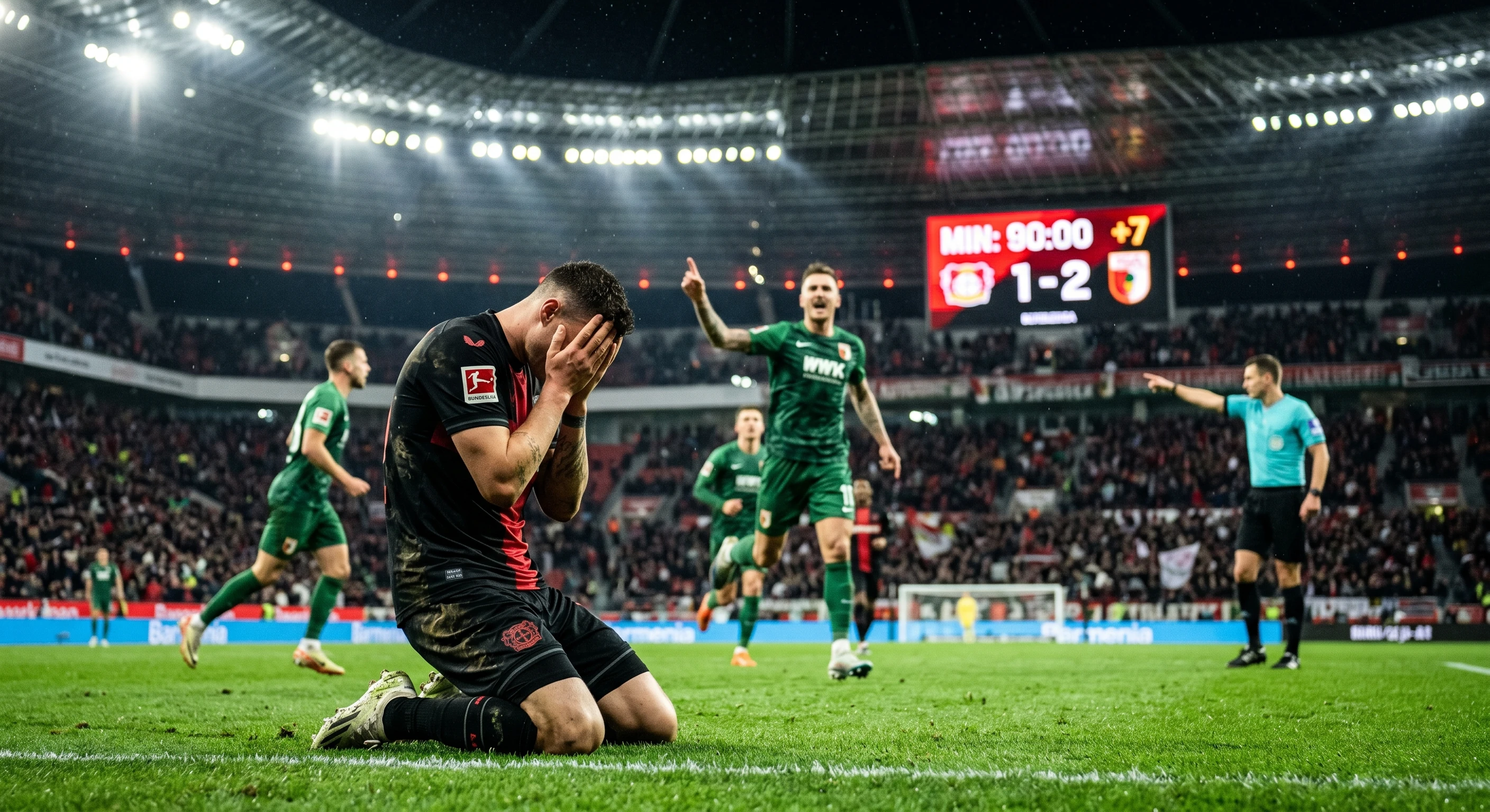 A cinematic photograph of a Bayer Leverkusen player kneeling in heartbreak, burying his face in his hands, after a decisive stoppage-time penalty. The stadium scoreboard clearly displays MIN: 90:00 +7 and a 1-2 score, with Augsburg players celebrating in the background.