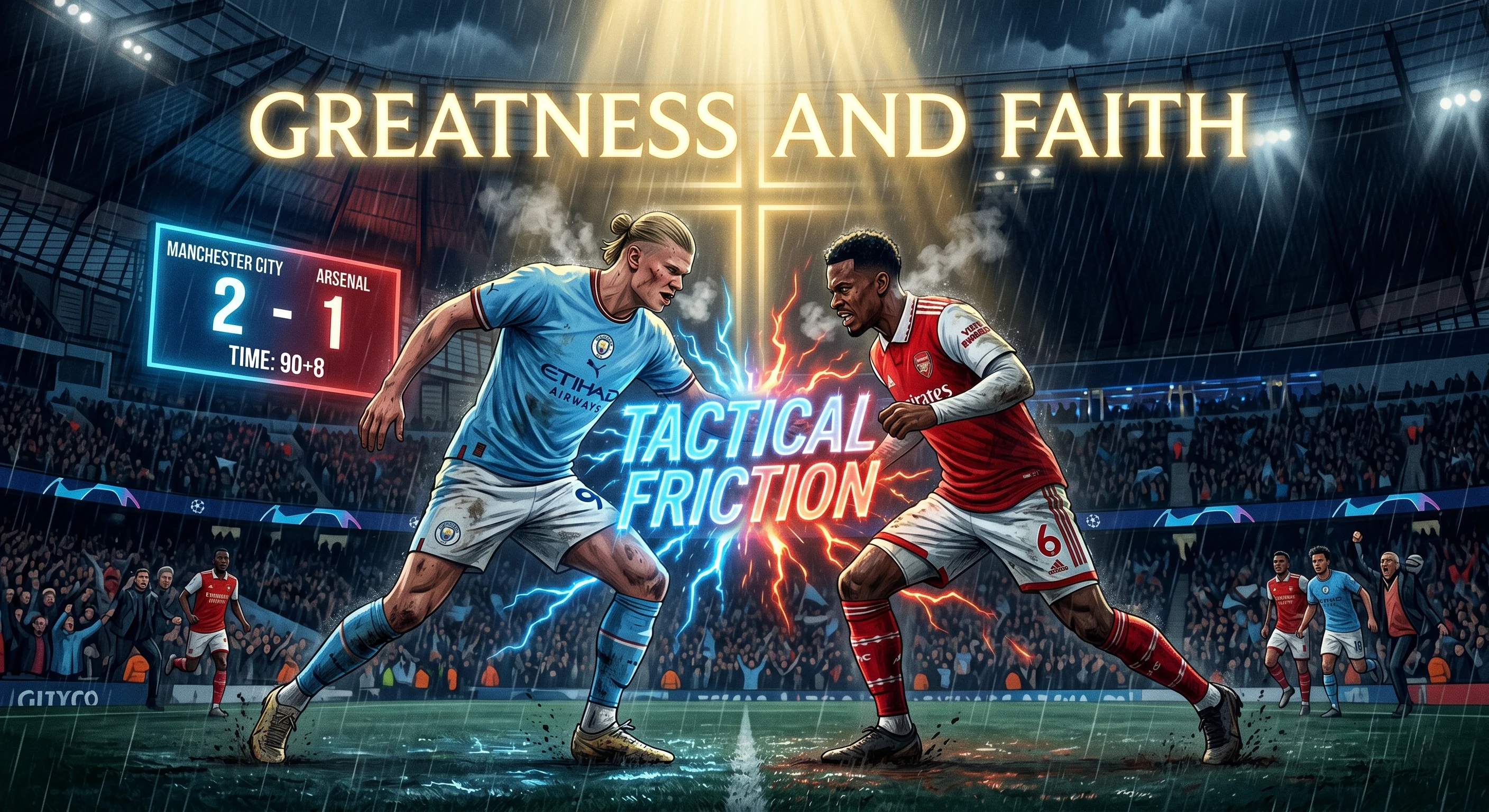 A dramatic digital illustration of Erling Haaland (Manchester City, #9) and Gabriel Magalhães (Arsenal, #6) clashing on a rain-soaked football pitch. Large gold text above them reads 'GREATNESS AND FAITH...', while neon text in the center says 'TACTICAL FRICTION' with electric arcing. A scoreboard shows 'MANCHESTER CITY 2-1 ARSENAL' in added time (90+8).