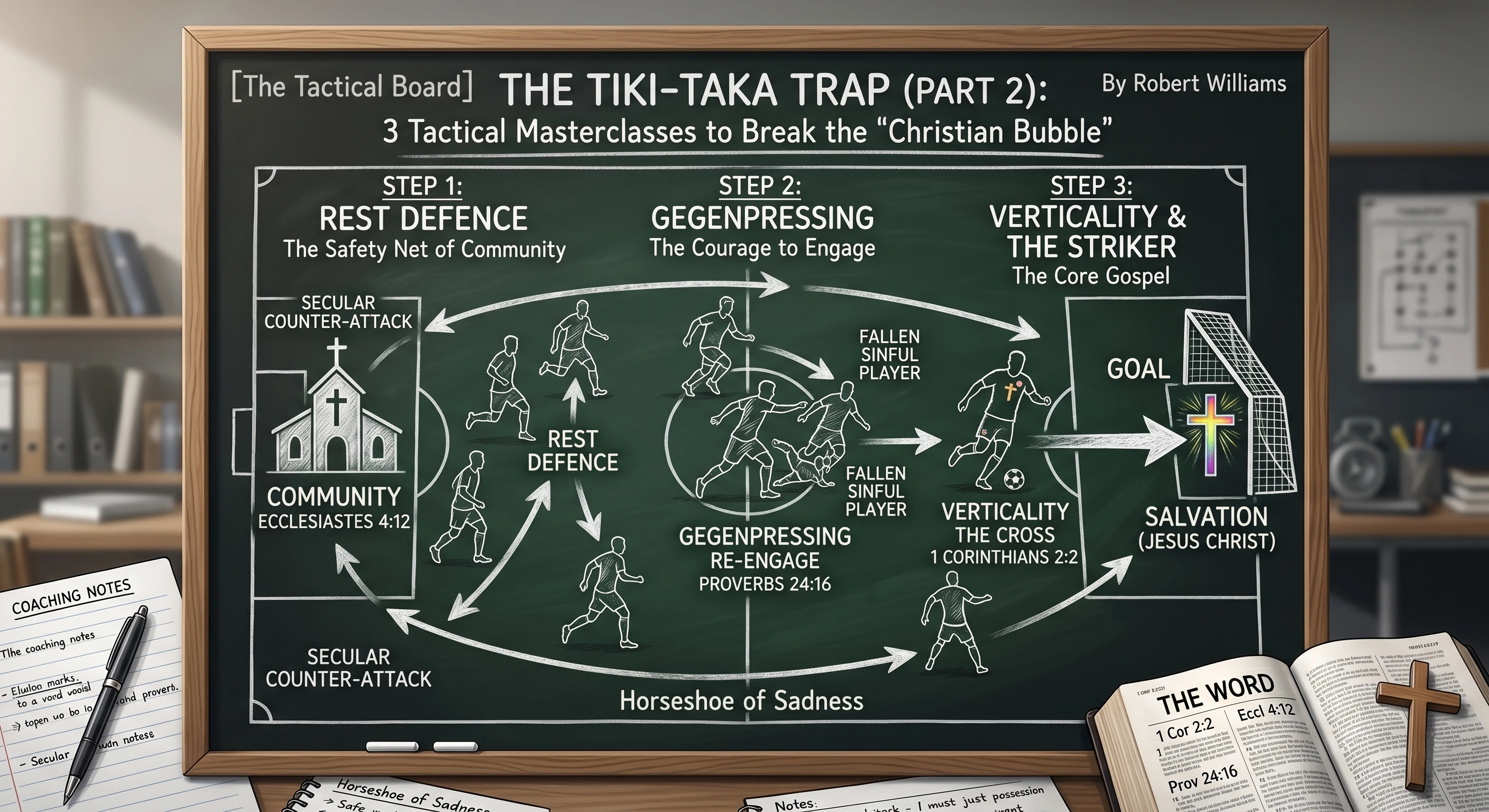 A tactical board illustration for Robert Williams' article, titled 'The Tiki-Taka Trap (Part 2): 3 Tactical Masterclasses to Break the "Christian Bubble".' The diagram maps specific football tactics—Rest Defence (Community, Ecclesiastes 4:12), Gegenpressing (Courage to Engage, Proverbs 24:16), and Verticality & The Striker (Core Gospel, 1 Corinthians 2:2)—onto a pitch to show how Christians can break out of a passive 'Christian Bubble' and achieve salvation in Jesus Christ. A Bible, pen, and coaching notes are visible.