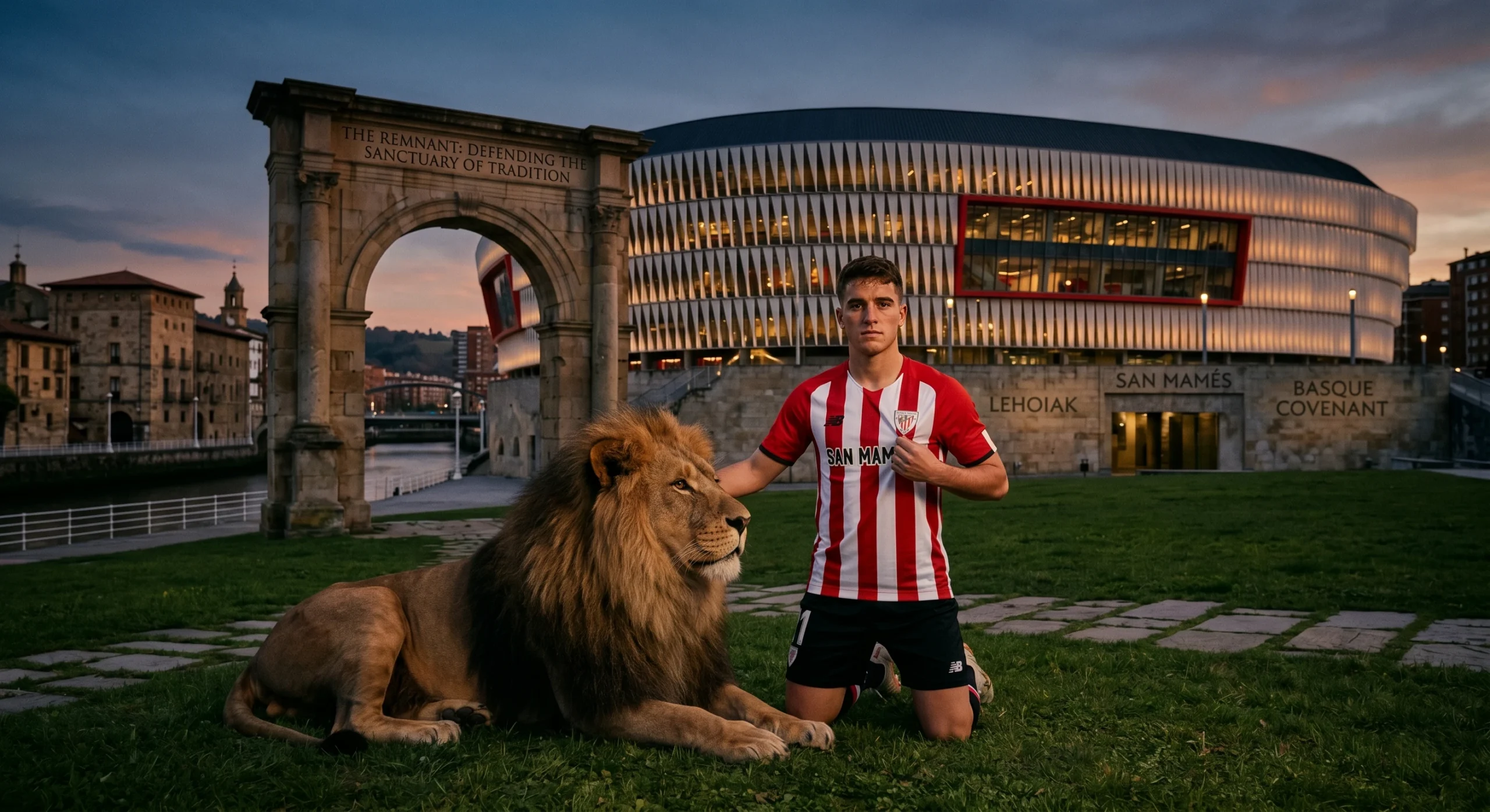 Athletic Club Bilbao soccer player in 'San Mamés' kit kneels next to a lion, between an ancient stone archway and the modern San Mamés stadium, at dusk.