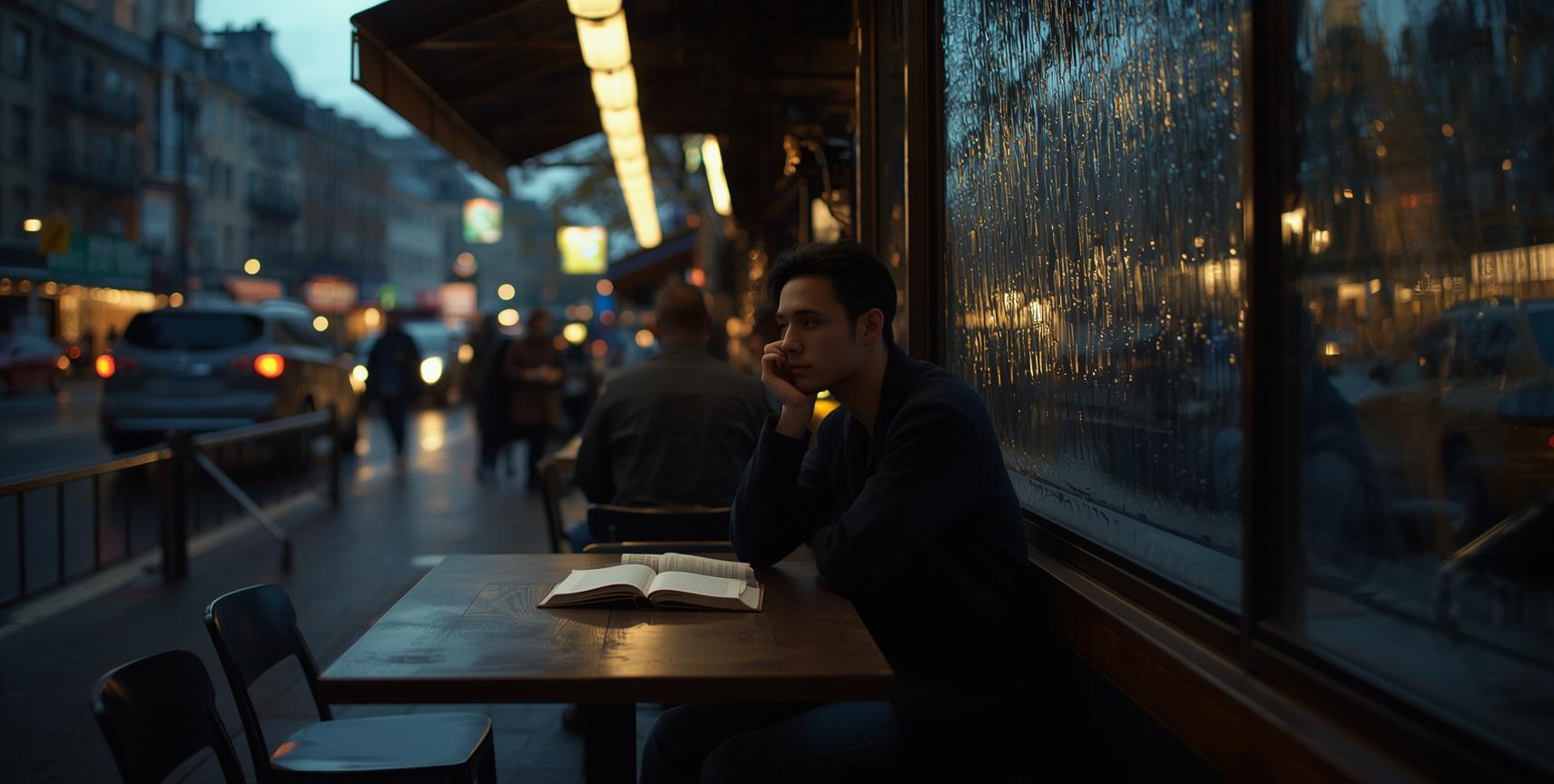A candid, wide-angle cinematic shot of a person sitting alone at a modern wooden table in a busy, slightly blurred New York cafe at twilight. The person is looking intently at an open book, lost in thought.