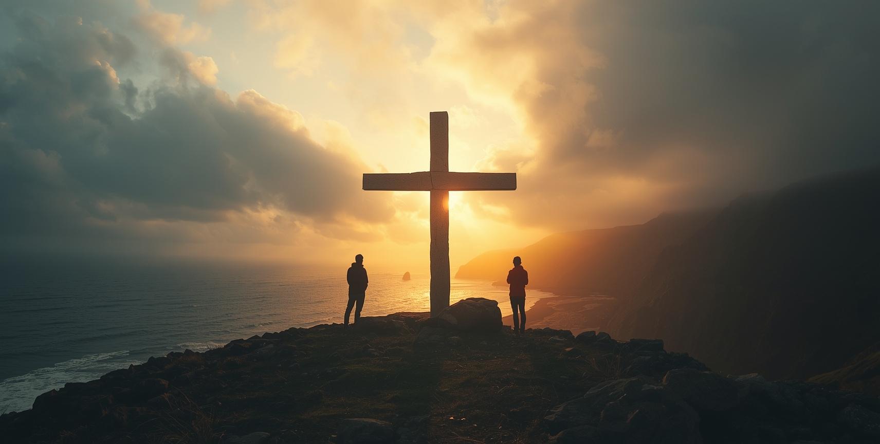 An abstract, wide-angle shot focusing on two silhouettes of people in the foreground, looking at a minimalist, rugged stone cross against a beautiful, dramatic sunrise break at a rugged beach or mountain edge. The sunlight is warm gold, piercing through the clouds.hope in suffering. the reason of God