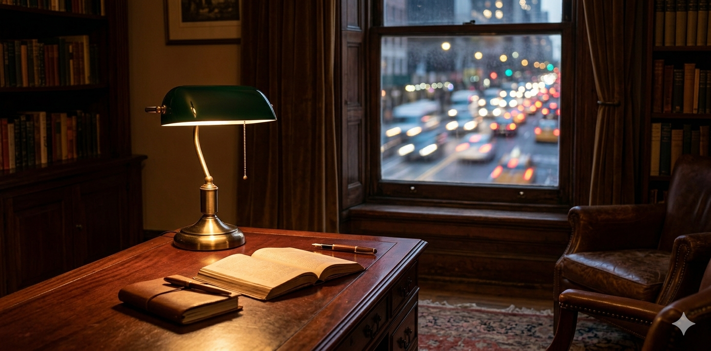 An interior shot of a dimly lit, cozy study in an old Manhattan brownstone. A single warm lamp illuminates an open book on a mahogany desk, while through the window, the blurred, frenetic lights of the city move past. Boundaries